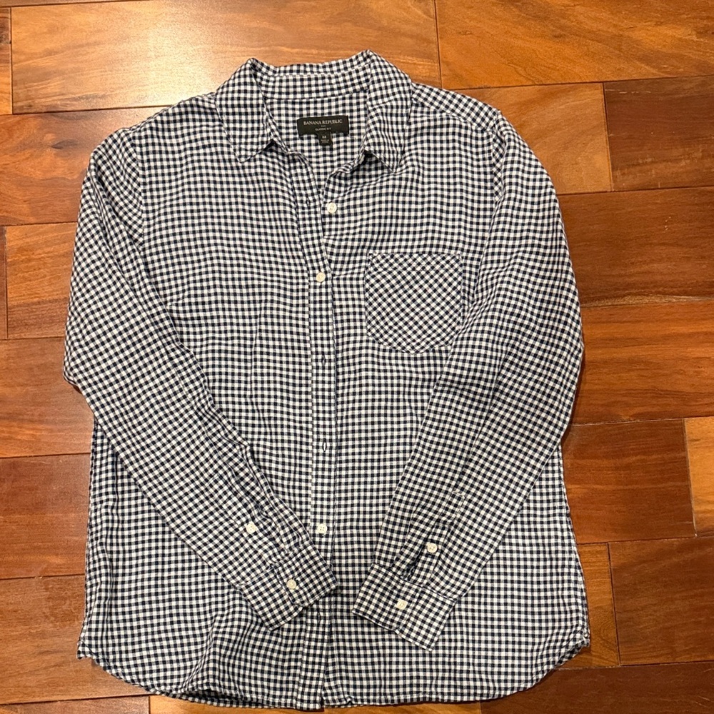 Banana Republic Navy & White Gingham Button-Down Shirt Linen Cotton Blend